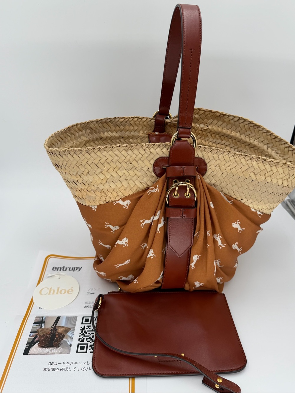 Chloe Panier Raffia Basket Bag Horse Print Silk Scarf & Pouch - Excellent w/COA